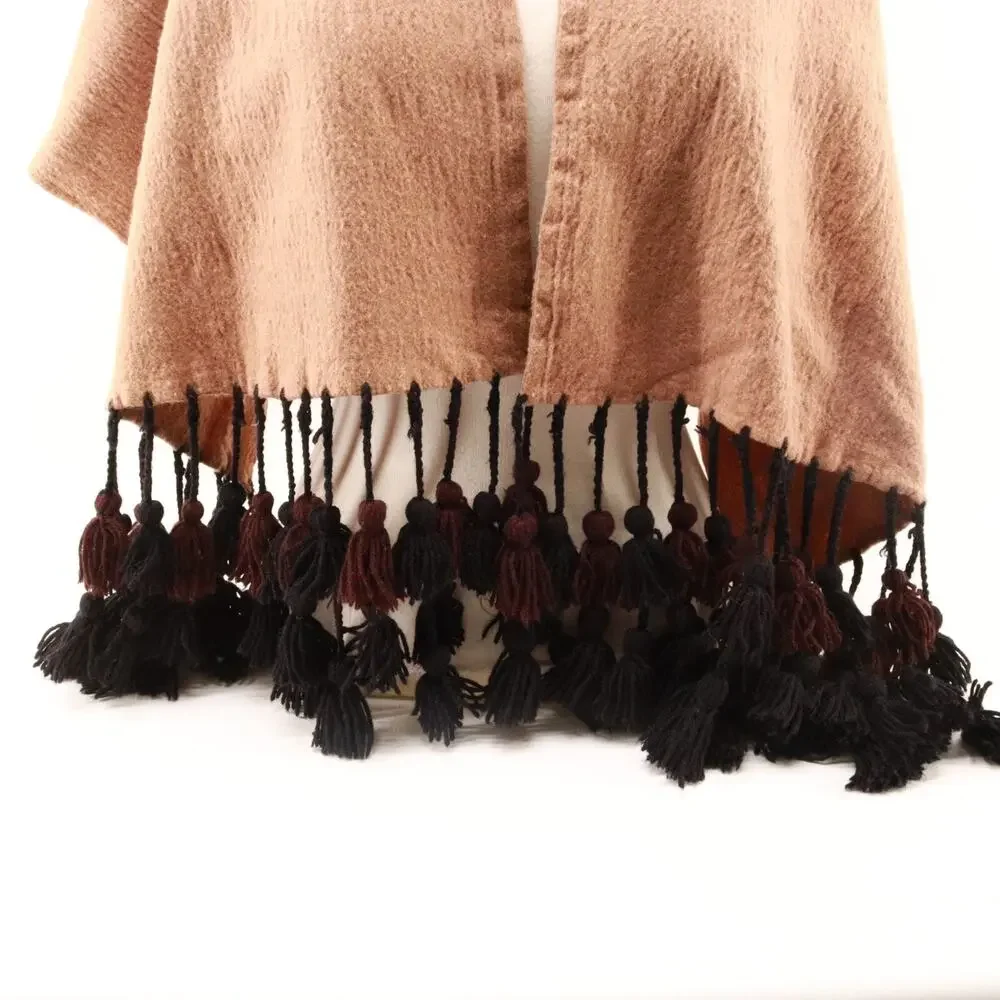 Vintage Paul Martin Worsted Wool Scarf Brown Black Double Layered Tassel Fringe